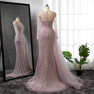 Ships in 1 to 3 Days - Pink Mermaid With Skirt Long Evening Dress: 2024 O-Neck Elegant Beaded Luxury Gown for Women's Party