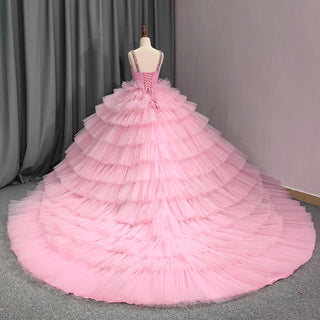 Tiered Pink Tulle Ball Gown - V-Neck Pleated Evening Dress with Crystal Beadings