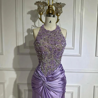 2025 Arabic Lilac Halter Neck Side Slit Mermaid Luxury Dubai Evening Gown Beaded Dress for Women's Party