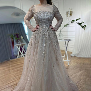 Muslim Pink A-Line Beaded Luxury Dubai Long Evening Dress - Gown for Women's Wedding Party 2024