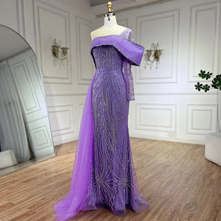 Ships in 1 to 3 Days - Arabic Lilac Evening Dress with Side Train and Pearl-Adorned One Shoulder - Women's Formal Prom Wedding Party Gown (2024)