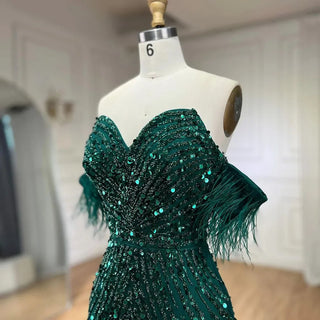 Green Mermaid High Split Spaghetti Strap Evening Dress: 2024 Feather Beaded Gown for Women's Party