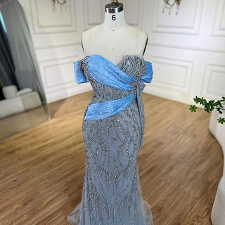 Ships in 1 to 3 Days - 2024 Arab Blue Boat Neck Mermaid Evening Dress - Elegant Beaded Gown for Women’s Parties