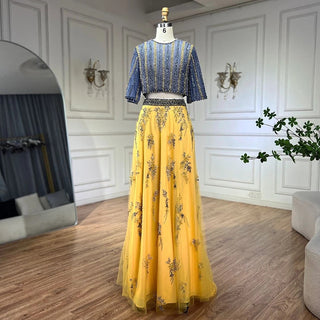 Ships in 1 to 3 Days - Luxury Dubai Blue Yellow 2-Piece Evening Dress - Elegant Long Formal Prom Gown for Women's Wedding Party