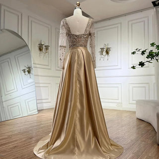 Ships in 1 to 3 Days - 2024 Arabic Nude Mermaid Beaded Luxury Dubai Evening Gown with Detachable Satin Overskirt for Women's Party