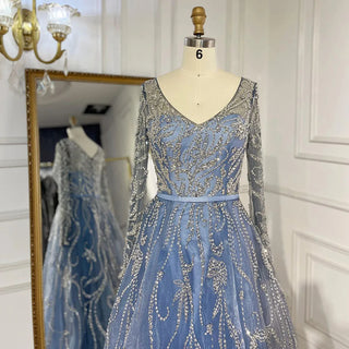 Arabic Blue A-Line Evening Dress - Long Sleeves with Luxury Beading for Woman's Party 2024