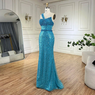 Ships in 1 to 3 Days - Luxury Blue One-Shoulder Mermaid Evening Dress - Dubai Gown with Beading for Women's Party 2024