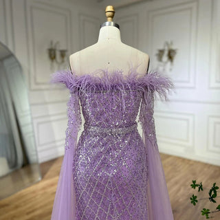 Elegant Cape Sleeves Mermaid Evening Dresses Gowns Luxury Feathers Beaded 2024 For Women Wedding Party