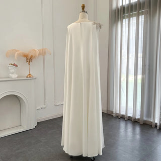 Luxury Dubai White Evening Dress with Beaded Cape: Elegant Arabic Women's Prom Formal Dresses for Wedding Party