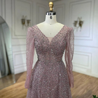 Arabic Pink A-Line Elegant Long Sleeves Evening Dress - Luxury Beaded Gown for Women's Wedding Party 2024