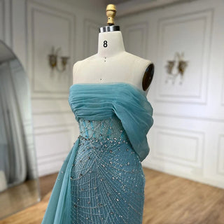 Ships in 1 to 3 Days - Turquoise Luxury Evening Dress with Side Train - Pearls One Shoulder Gown for Women's Formal Prom Wedding Party