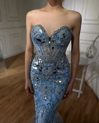 Arabic Blue Elegant Strapless Mermaid Beaded Luxury Dubai Evening Dresses Gowns 2024 for Women's Party