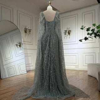 Ships in 1 to 3 Days - 2024 Arabic Turquoise Evening Gown with Beaded Pearls and Cape Sleeves - Floor-Length Party Dress for Women