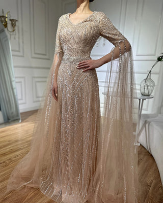 Customized 2025 Caramel A-Line Beaded Saudi Arabic Evening Dress with Cape Sleeves for Wedding Parties