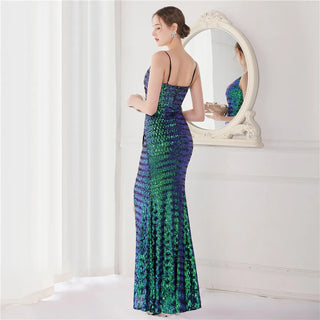 Sexy V-Neck Sequin Strap Party Maxi Dress with Slit - Long Prom Evening Dress for Women