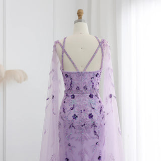 Luxury Dubai Lilac Arabic Evening Dress with Cape Sleeves and Criss-Cross Detail - Elegant Wedding Party Gown