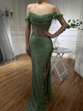 Arabic Green Crystal Luxury Dubai Evening Dresses Gowns High Slit Prom Dress for Women Wedding Party 2025