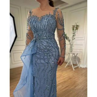 Blue Long Sleeve Elegant Mermaid Evening Dress - 2024 Women's Party Gown with High Side Split Skirt