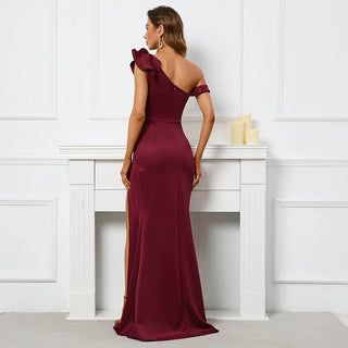 Sexy Slash Neck Burgundy Evening Dress with Ruffles - Celebrity Maxi Party Dress for Women