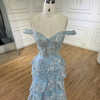 Arabic Blue Spaghetti Strap Tiered Beaded Evening Gown with Front Slit for Women - Wedding Party 2024