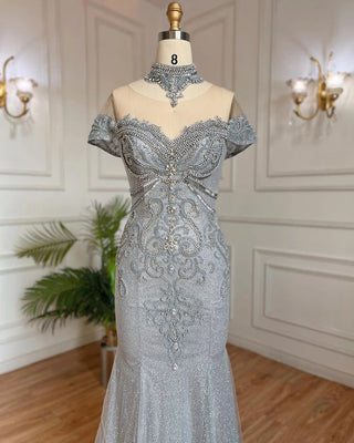 Luxurious Silver Mermaid Evening Dress - Pearls and Beaded Elegance for Women's Wedding Party