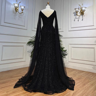 Black Arabic Cape Sleeves Evening Dress 2024 - Luxury Beaded A-Line Gown for Women's Party