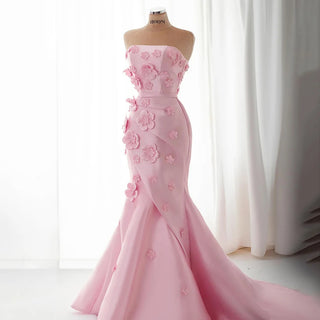 2024 Saudi Pink Ruched Strapless Satin Mermaid Evening Gown with Appliques and Lace-Up Back for Formal Occasions