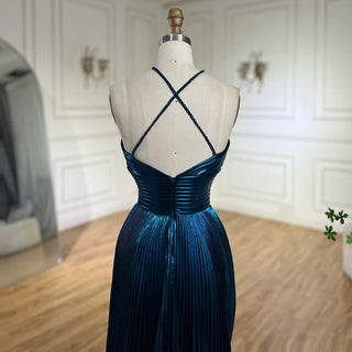 Ships in 1 to 3 Days - Arabic Navy Blue Halter Straps Front Slit Mermaid Beaded Evening Gown for Women Wedding Party 2024