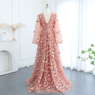 Blush Peach-Pink 3D Flowers Evening Dress with Bell Long Sleeves and V-Neck | Arabic Wedding Party Birthday Gown