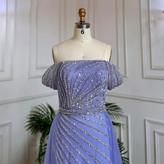 Ships in 1 to 3 Days - 2024 Elegant Blue Mermaid Evening Gown: Sexy Boat Neck with Split and Arabic-Inspired Beading for Women's Wedding Parties