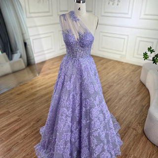 Ships in 1 to 3 Days - 2024 Arabic Lilac One-Shoulder A-Line Lace Appliques Luxury Prom Dress for Women's Party