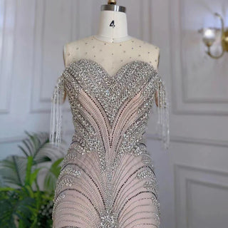 2024 Dubai-Inspired Silver-Nude Mermaid Evening Gown: Elegant Tassel Beading for Women's Luxurious Arabic Parties