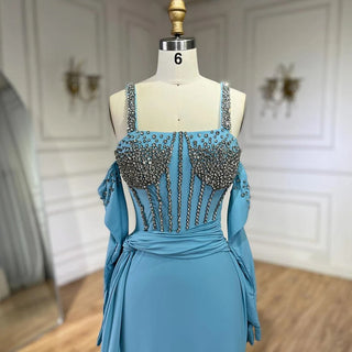 Dubai Luxury Evening Gown: 2024 Blue High Slit Mermaid Spaghetti Strap Gloves Perfect for Wedding Parties