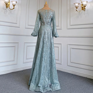 Blue Muslim A-Line O-Neck Evening Dress - Luxury Crystal Beaded Gown 2024, Women's Wedding Party