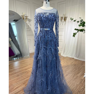 Blue Elegance: 2024 Muslim A-Line Evening Dress with Lace, Beading, Feathers, and Arabic Luxury