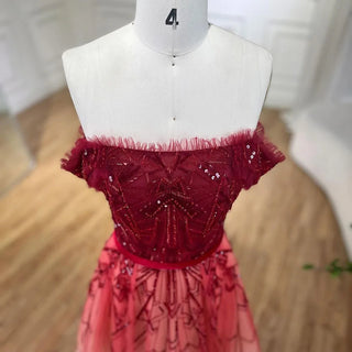 Gradual Change Red A-Line Elegant Evening Dress 2024 - Beading Sequins, Boat Neck Formal Dress Design