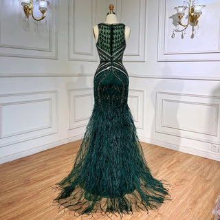 Ready To Ship : Green Elegant Mermaid Split Feathers Beaded Formal Arabic Luxury Prom Dress for Women Party 2024