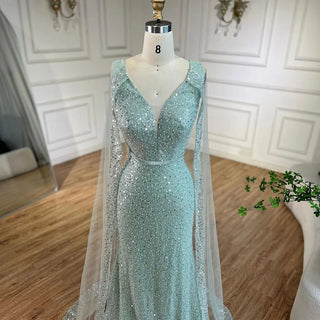 Arabic Turquoise Mermaid Dubai Evening Dress with Elegant Luxury Beaded Cape Sleeves for Women's Party 2024