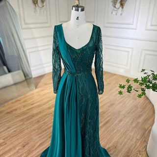 Arabic Green Mermaid Elegant Satin Lace Beaded Luxury Dubai Evening Dresses Gowns For Women Wedding Party