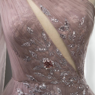 Pink A-Line Split Evening Gown 2024: Beaded Elegant Feathers, One Shoulder for Women Party