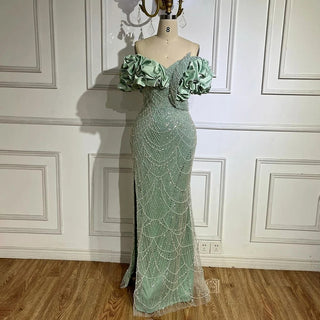 Luxury Dubai Sage Green Evening Dresses for Arabic Women: Elegant Off-Shoulder Mermaid Gown, Ideal for Champagne Wedding Parties