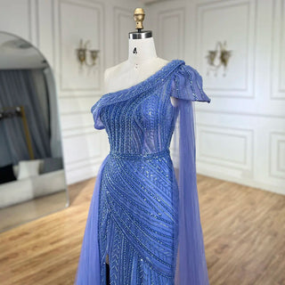 Arabic Blue One-Shoulder Yellow High-Split Mermaid Beaded Evening Gown for Women Wedding Party 2024