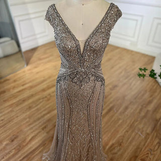 Ships in 1 to 3 Days - Dubai Beige Elegant Sleeveless Mermaid Beaded Arabic Evening Dresses Gowns for Women Wedding Party 2024