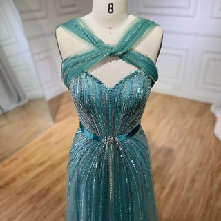 Dubai Azure: 2024 Turquoise Spaghetti Strap A-Line Luxury Beaded Evening Dress - Gown for Women's Wedding Party