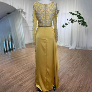 Yellow Long Sleeves Mermaid Evening Dress with Skirt - Beaded Dubai Mid-Length Party Gown 2024 for Women