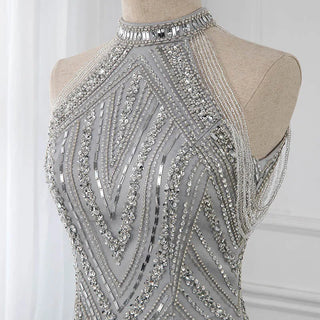 Silver Halter Sleeveless Evening Dress - Luxury Mermaid Beading Sequined Gown