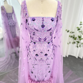 Dubai Luxury Lilac Evening Dress with Feathers and Cape Sleeves: Ankle Length Midi Elegance for Arabic Women's Wedding Party Gowns