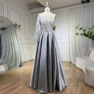 2024 Grey Satin Elegant Evening Dress: One Shoulder, Handmade Flowers, A-Line Formal Gown