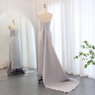 Arabic Silver Gray Mermaid Satin Luxury Beaded Evening Gown - 2024 Women's Wedding Party