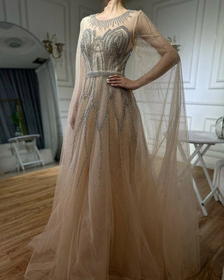 Ships in 1 to 3 Days - 2024 Nude and Blue A-Line Beaded Arabic Evening Gown - Cape Sleeves Dress for Formal Occasions